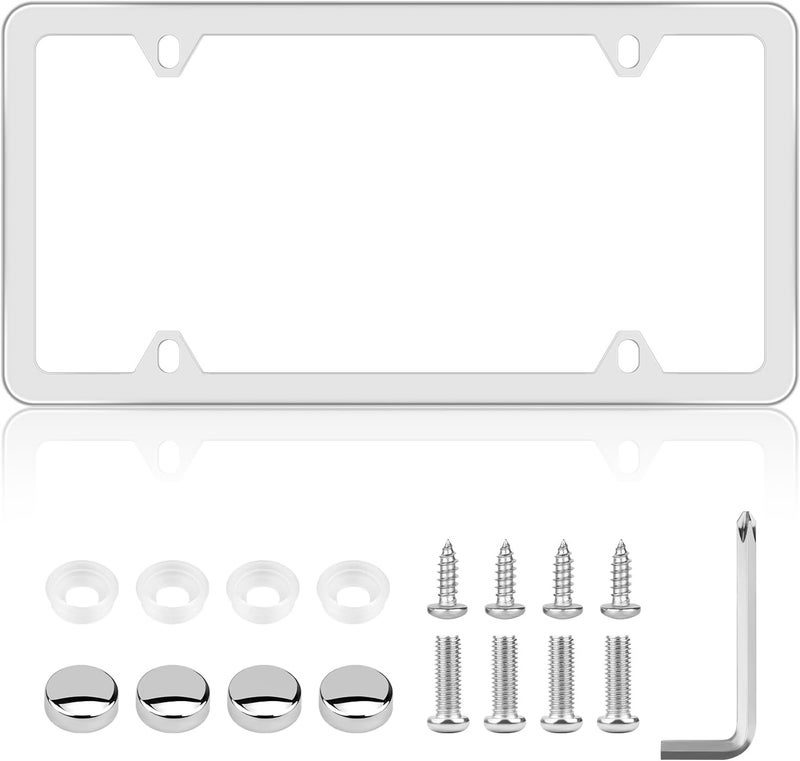 Abvsdu Chrome License Plate Frame Made of Zinc Alloy Metal, Universal Car Accessories,1 Pack License Plate Holder Never Rust and Unbreakable with Metal Screws& Chrome Caps and Screwdriver (1 PCS Silver) - Image 1